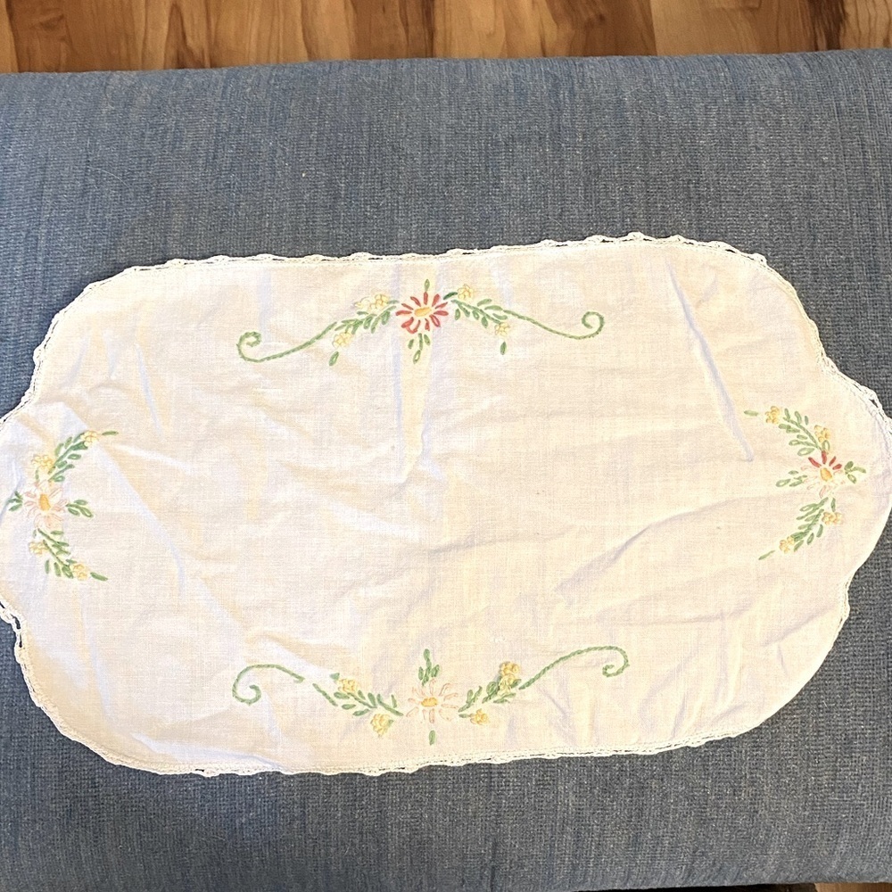 Table topper cloth side table embroidered floral 17x 9.  #13